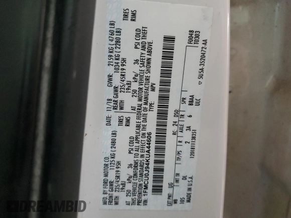 2019 Ford Escape Titanium с VIN 1FMCU0J94KUA44606, выставлен на аукционе Copart как лот 51790035 с пробегом 70 190 миль миль и На запчасти • Non repairable. История ставок и продаж доступна на DreamBid. Изображение 14.