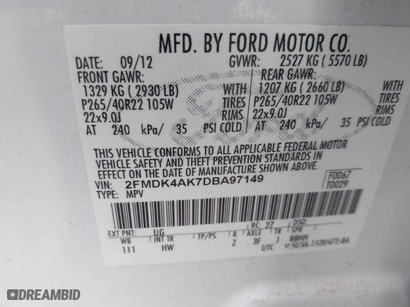 2013 Ford Edge Sport with VIN 2FMDK4AK7DBA97149, listed as a IAAI auction lot 41889703 with 90,541 mi miles. Bid and sale history available at carsss.com. Image 9.