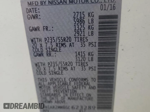2016 Nissan Pathfinder Platinum with VIN 5N1AR2MM8GC623289, listed as a Copart auction lot 52255355 with 98,997 mi miles and Salvage title. Bid and sale history available at DreamBid. Image 15.