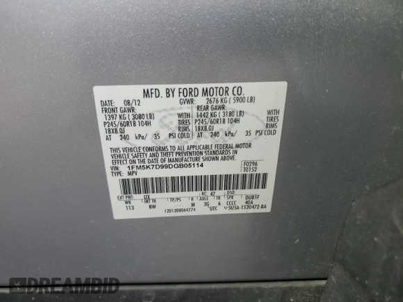 2013 Ford Explorer XLT z VIN 1FM5K7D99DGB05114, wystawiony jako Copart lot #57299235 z przebiegiem 121 950 mil mil oraz Szkoda całkowita • Salvage title. Historia ofert i sprzedaży dostępna na DreamBid. Obrazek 13.