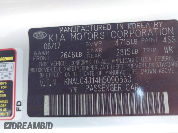 2017 Kia Cadenza Limited with VIN KNALC4J14H5090560, listed as a IAAI auction lot 41133962 with 108,113 mi miles. Bid and sale history available at carsss.com. Image 9.