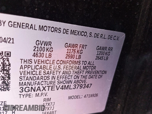 2021 Chevrolet Equinox LT with VIN 3GNAXTEV4ML379347, listed as a IAAI auction lot 42847624 with 60,488 mi miles and . Bid and sale history available at DreamBid. Image 25.