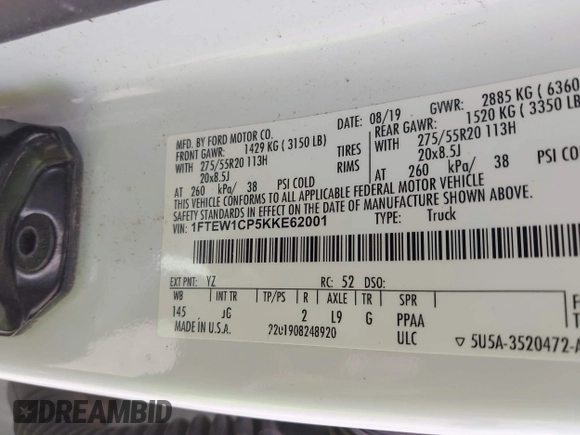 2019 Ford F-150 XL with VIN 1FTEW1CP5KKE62001, listed as a IAAI auction lot 42611277 with 207,262 mi miles and . Bid and sale history available at DreamBid. Image 9.