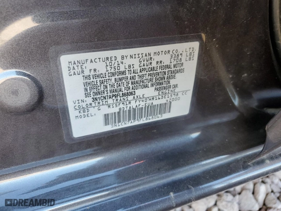 2015 Nissan Versa S Plus with VIN 3N1CN7AP9FL868063, listed as a Copart auction lot 46133255 with 131,738 mi miles and Salvage Title. Bid and sale history available at carsss.com. Image 13.