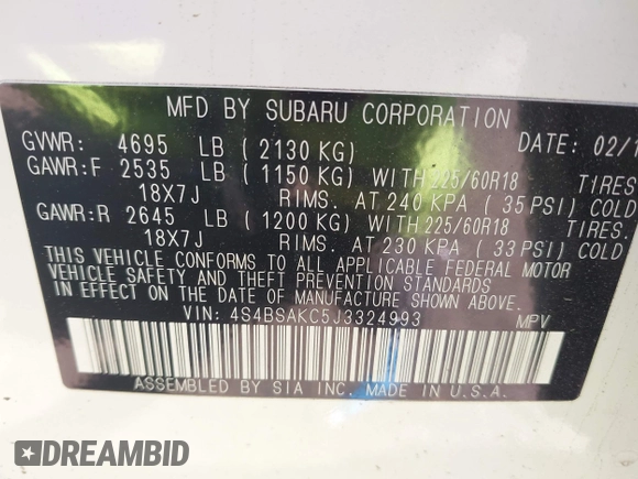 2018 Subaru Outback Limited with VIN 4S4BSAKC5J3324993, listed as a IAAI auction lot 42144539 with 73,303 mi miles and . Bid and sale history available at DreamBid. Image 9.