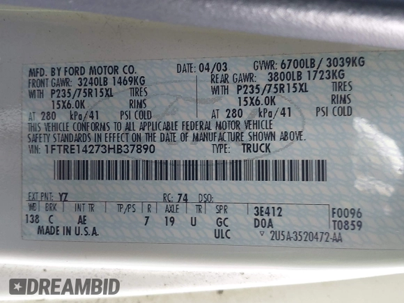 2003 Ford Econoline Cargo with VIN 1FTRE14273HB37890, listed as a IAAI auction lot 42075291 with 212,428 mi miles and . Bid and sale history available at DreamBid. Image 9.