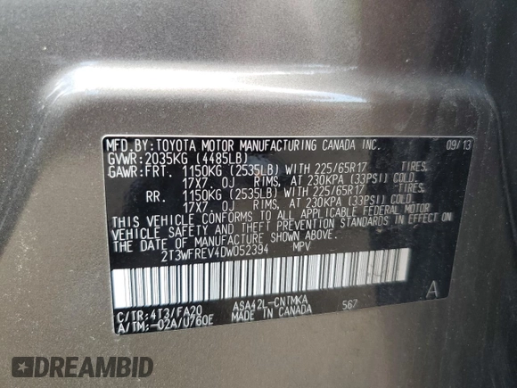 2013 Toyota RAV4 XLE with VIN 2T3WFREV4DW052394, listed as a Copart auction lot 59708665 with 126,989 mi miles and Salvage title. Bid and sale history available at DreamBid. Image 12.