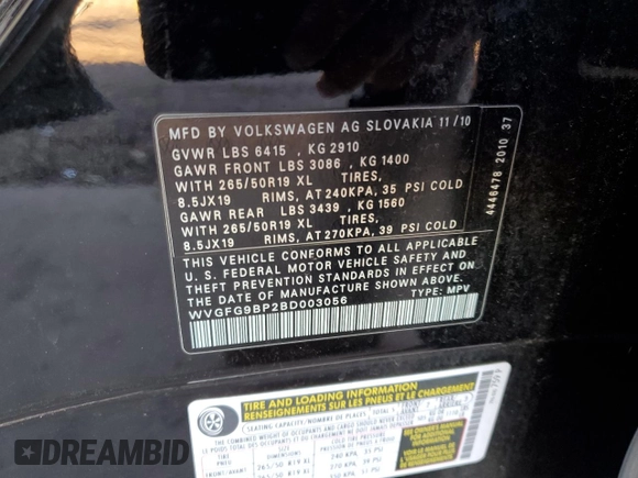 2011 Volkswagen Touareg с VIN WVGFG9BP2BD003056, выставлен на аукционе Copart как лот 84203674 с пробегом 171 456 миль миль и Списание • Salvage title. История ставок и продаж доступна на DreamBid. Изображение 13.