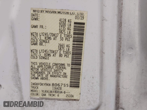 2019 Nissan NV Cargo S с VIN 1N6BF0KY9KN806755, выставлен на аукционе IAAI как лот 41277907 с пробегом 116 253 миль миль и . История ставок и продаж доступна на DreamBid. Изображение 9.