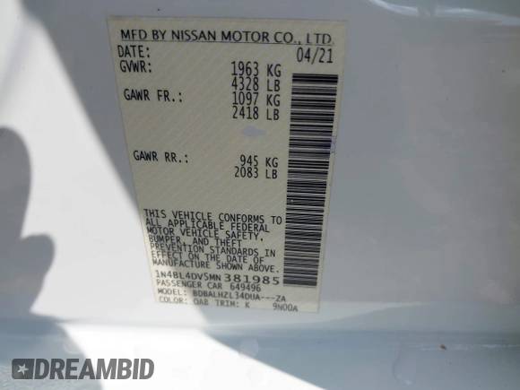2021 Nissan Altima SV with VIN 1N4BL4DV5MN381985, listed as a IAAI auction lot 42471676 with 75,724 mi miles and . Bid and sale history available at DreamBid. Image 9.