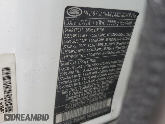 2016 Land Rover Range Rover Sport HSE with VIN SALWR2VF7GA581678, listed as a Copart auction lot 53887425 with 102,062 mi miles and Clean title. Bid and sale history available at DreamBid. Image 13.