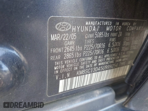 2005 Hyundai Santa Fe GLS z VIN KM8SC13D45U999254, wystawiony jako IAAI lot #41990228 z przebiegiem 154 188 mil mil oraz . Historia ofert i sprzedaży dostępna na DreamBid. Obrazek 9.