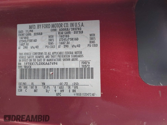 1999 Ford F-150 XL with VIN 1FTRX17L0XKA67494, listed as a IAAI auction lot 41603503 with Not Provided miles. Bid and sale history available at carsss.com. Image 9.