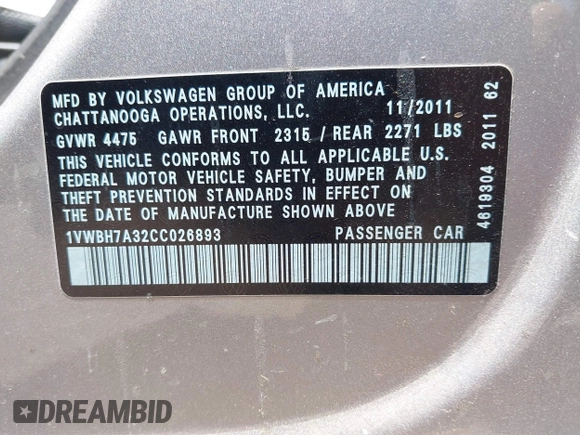 2012 Volkswagen Passat SE с VIN 1VWBH7A32CC026893, выставлен на аукционе IAAI как лот 42217416 с пробегом 197 271 миль миль и . История ставок и продаж доступна на DreamBid. Изображение 9.