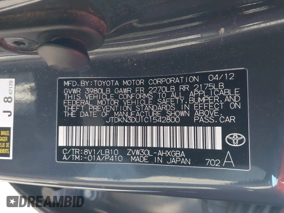 2012 Toyota Prius One with VIN JTDKN3DU1C1542800, listed as a IAAI auction lot 41840696 with 242,021 mi miles and . Bid and sale history available at DreamBid. Image 9.