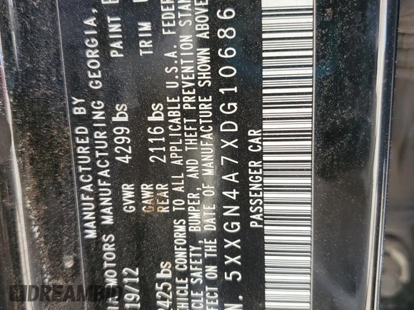2013 Kia Optima EX with VIN 5XXGN4A7XDG106866, listed as a Copart auction lot 60629395 with 119,720 mi miles and Salvage title. Bid and sale history available at DreamBid. Image 12.