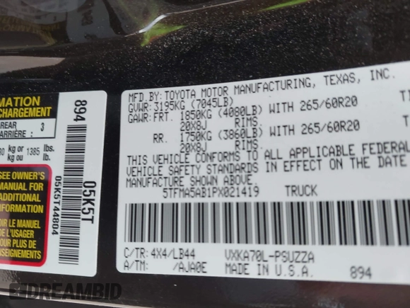2023 Toyota Tundra 1794 Edition with VIN 5TFMA5AB1PX021419, listed as a IAAI auction lot 41359917 with 41,258 mi miles and . Bid and sale history available at DreamBid. Image 9.