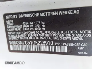 2016 BMW 4 Series 428i with VIN WBA3N7C51GK228910, listed as a IAAI auction lot 42341589 with 85,127 mi miles and . Bid and sale history available at DreamBid. Image 9.