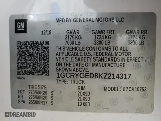 2019 Chevrolet Silverado 1500 LTZ with VIN 1GCRYGED8KZ214317, listed as a Copart auction lot 86536274 with 69,061 mi miles and Salvage Title. Bid and sale history available at carsss.com. Image 12.