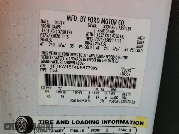 2014 Ford F-150 XL with VIN 1FTFW1EF4EFB77909, listed as a Copart auction lot 60409575 with 201,434 mi miles and Salvage title. Bid and sale history available at DreamBid. Image 12.
