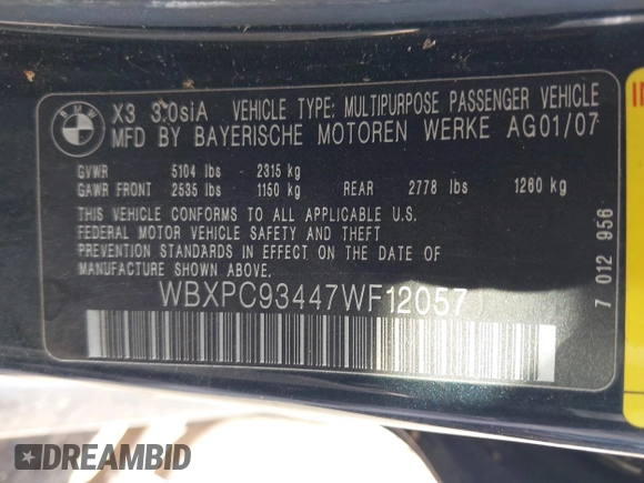 2007 BMW X3 3.0si with VIN WBXPC93447WF12057, listed as a IAAI auction lot 42211587 with 121,293 mi miles and . Bid and sale history available at DreamBid. Image 9.
