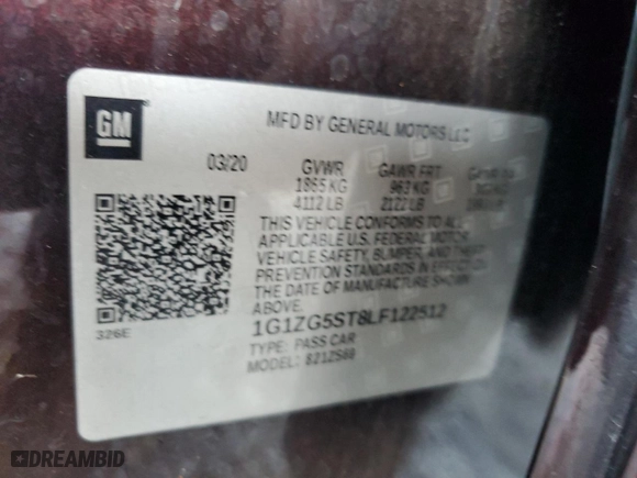 2020 Chevrolet Malibu RS with VIN 1G1ZG5ST8LF122512, listed as a Copart auction lot 49428945 with 0 mi miles and Salvage Title. Bid and sale history available at carsss.com. Image 12.