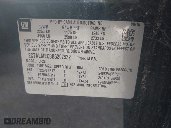 2011 GMC Terrain SLE-1 with VIN 2CTALMEC8B6207532, listed as a IAAI auction lot 42124452 with 149,431 mi miles and . Bid and sale history available at DreamBid. Image 9.