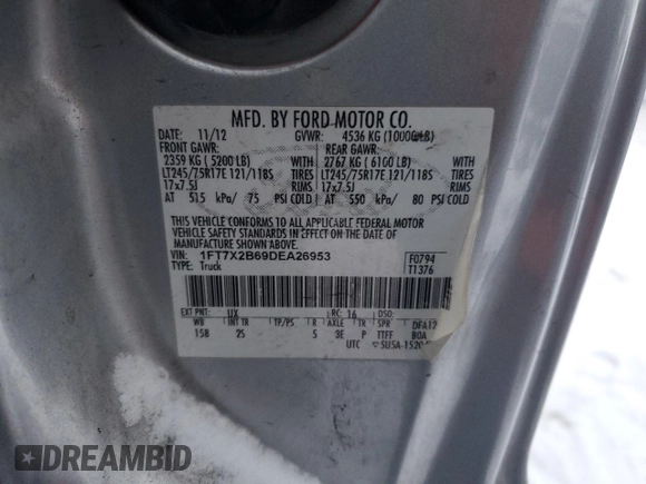 2013 Ford F-250 XL with VIN 1FT7X2B69DEA26953, listed as a Copart auction lot 87888745 with 272,289 mi miles and Clean Title. Bid and sale history available at DreamBid. Image 12.