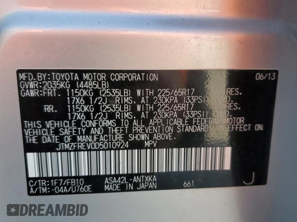 2013 Toyota RAV4 LE with VIN JTMZFREV0D5010924, listed as a Copart auction lot 47358605 with 148,888 mi miles and Salvage Title. Bid and sale history available at DreamBid. Image 15.