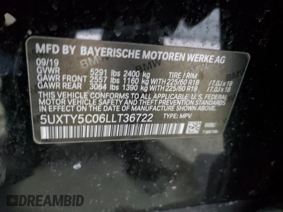 2020 BMW X3 xDrive30i with VIN 5UXTY5C06LLT36722, listed as a Copart auction lot 49319585 with 49,063 mi miles and Salvage Title. Bid and sale history available at DreamBid. Image 14.