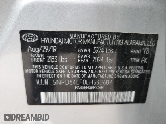 2020 Hyundai Elantra SEL with VIN 5NPD84LF0LH530607, listed as a Copart auction lot 52287195 with 60,401 mi miles and Salvage Title. Bid and sale history available at DreamBid. Image 14.