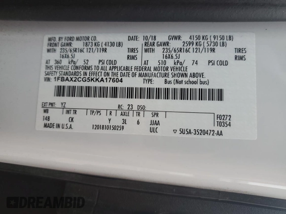 2019 Ford Transit Passenger XL with VIN 1FBAX2CG5KKA17604, listed as a Copart auction lot 78703574 with 32,859 mi miles and Salvage Title. Bid and sale history available at carsss.com. Image 16.