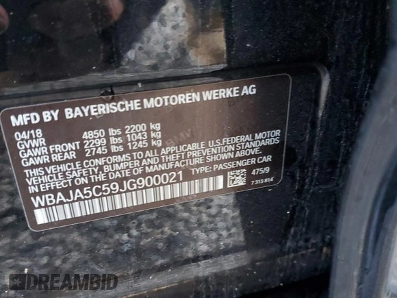 2018 BMW 5 Series 530i with VIN WBAJA5C59JG900021, listed as a Copart auction lot 43466695 with Not Provided miles and Salvage Title. Bid and sale history available at carsss.com. Image 14.