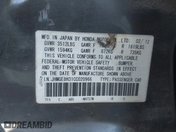 2012 Honda Fit с VIN JHMGE8H31CC020966, выставлен на аукционе IAAI как лот 41279043 с пробегом 355 587 миль миль и . История ставок и продаж доступна на DreamBid. Изображение 9.