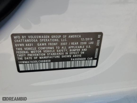 2020 Volkswagen Passat 2.0T R-Line with VIN 1VWMA7A33LC008609, listed as a Copart auction lot 65631523 with 31,701 mi miles and Salvage Title. Bid and sale history available at carsss.com. Image 12.