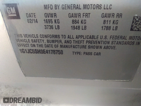 2014 Chevrolet Sonic LT z VIN 1G1JC5SH3E4178750, wystawiony jako IAAI lot #37660997 z przebiegiem 187 073 mil mil oraz . Historia ofert i sprzedaży dostępna na DreamBid. Obrazek 9.