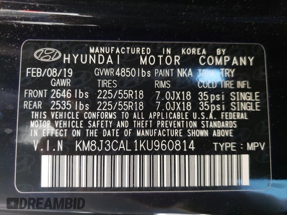 2019 Hyundai Tucson Ultimate with VIN KM8J3CAL1KU960814, listed as a Copart auction lot 47493025 with 54,393 mi miles and Salvage Title. Bid and sale history available at carsss.com. Image 14.