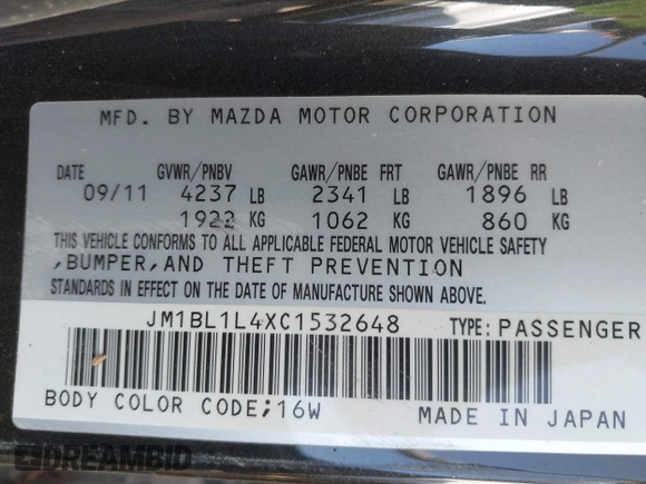 2012 Mazda 3 Mazdaspeed3 Touring with VIN JM1BL1L4XC1532648, listed as a IAAI auction lot 41670055 with Not Provided miles and . Bid and sale history available at DreamBid. Image 9.