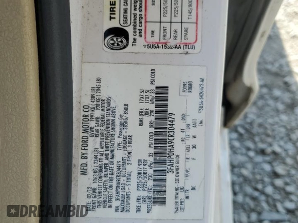 2012 Ford Fusion SE with VIN 3FAHP0HA9CR304479, listed as a Copart auction lot 55173105 with Not provided miles and Salvage title. Bid and sale history available at DreamBid. Image 12.