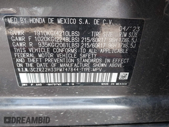2023 Honda HR-V LX with VIN 3CZRZ2H33PM747844, listed as a IAAI auction lot 41812489 with 32,525 mi miles. Bid and sale history available at carsss.com. Image 9.