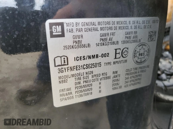 2012 Cadillac SRX Premium Collection with VIN 3GYFNFE31CS625015, listed as a Copart auction lot 53282135 with Not provided miles and Non repairable. Bid and sale history available at DreamBid. Image 13.