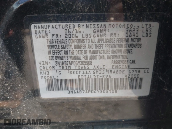2016 Nissan Sentra S with VIN 3N1AB7AP0GY305908, listed as a IAAI auction lot 40162413 with Not Provided miles. Bid and sale history available at carsss.com. Image 9.