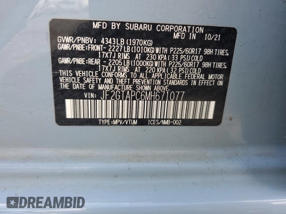 2021 Subaru Crosstrek Premium with VIN JF2GTAPC6MH671077, listed as a Copart auction lot 60697155 with 39,473 mi miles and Salvage title. Bid and sale history available at DreamBid. Image 13.