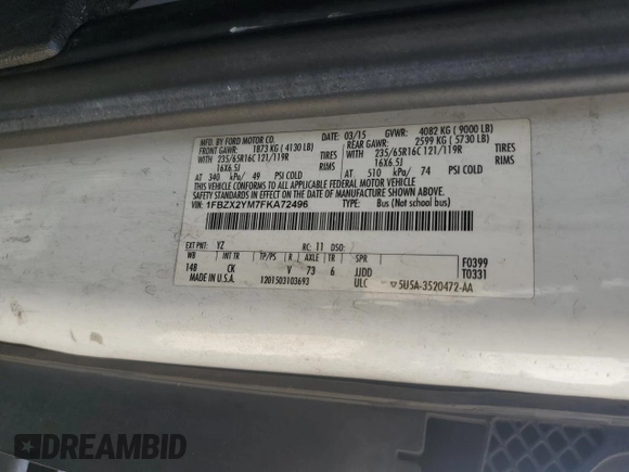 2015 Ford Transit XL with VIN 1FBZX2YM7FKA72496, listed as a Copart auction lot 51863125 with 248,949 mi miles and Clean title. Bid and sale history available at DreamBid. Image 13.