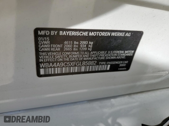 2015 BMW 4 Series 428i with VIN WBA4A9C5XFGL85882, listed as a Copart auction lot 57434445 with 145,765 mi miles and Salvage title. Bid and sale history available at DreamBid. Image 13.