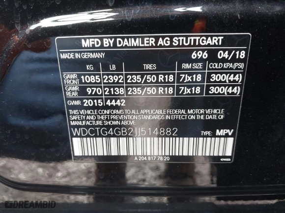 2018 Mercedes-Benz GLA with VIN WDCTG4GB2JJ514882, listed as a IAAI auction lot 41631799 with 59,357 mi miles. Bid and sale history available at carsss.com. Image 9.