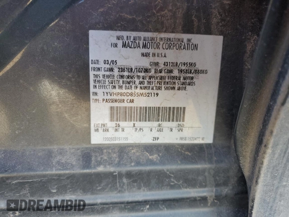 2005 Mazda 6 Sport S with VIN 1YVHP80D855M52119, listed as a Copart auction lot 42778265 with 211,422 mi miles and Salvage Title. Bid and sale history available at DreamBid. Image 12.