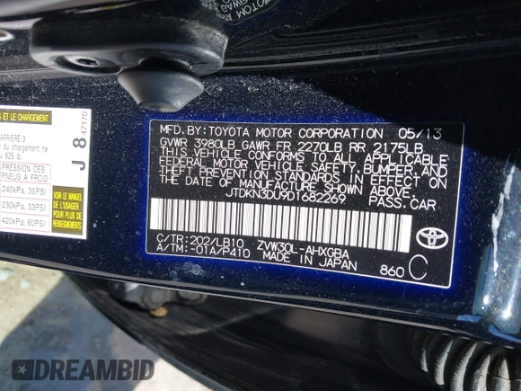 2013 Toyota Prius One with VIN JTDKN3DU9D1682269, listed as a IAAI auction lot 42100973 with 126,058 mi miles. Bid and sale history available at carsss.com. Image 9.