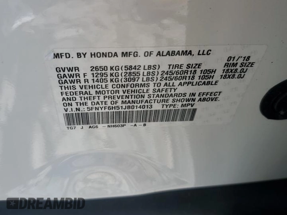 2018 Honda Pilot EX-L with VIN 5FNYF6H51JB014013, listed as a Copart auction lot 55892275 with 54,267 mi miles and Clean Title. Bid and sale history available at DreamBid. Image 13.