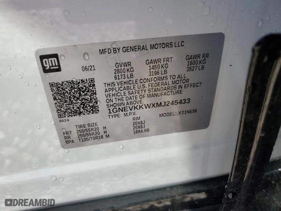 2021 Chevrolet Traverse Premier with VIN 1GNEVKKWXMJ245433, listed as a Copart auction lot 85571964 with 54,836 mi miles and Salvage Title. Bid and sale history available at carsss.com. Image 13.